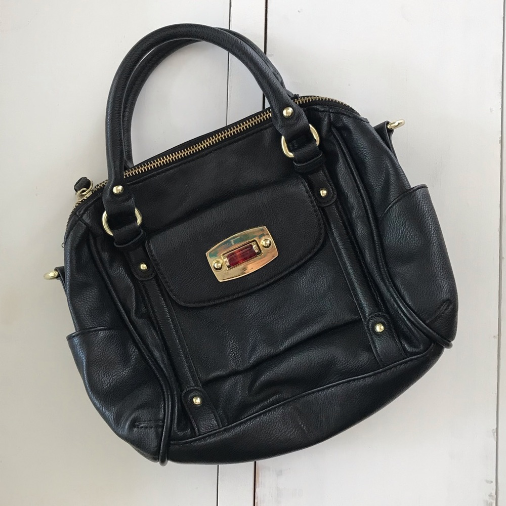 Faux leather black handbag with gold hardware